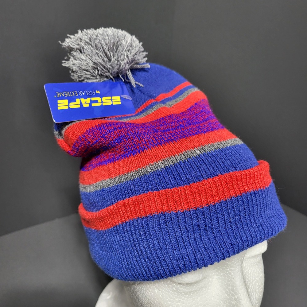 Escape by Polar Extreme Kids Beanie Pom Pom Winter Hat Blue‎ Red Gray Stripes